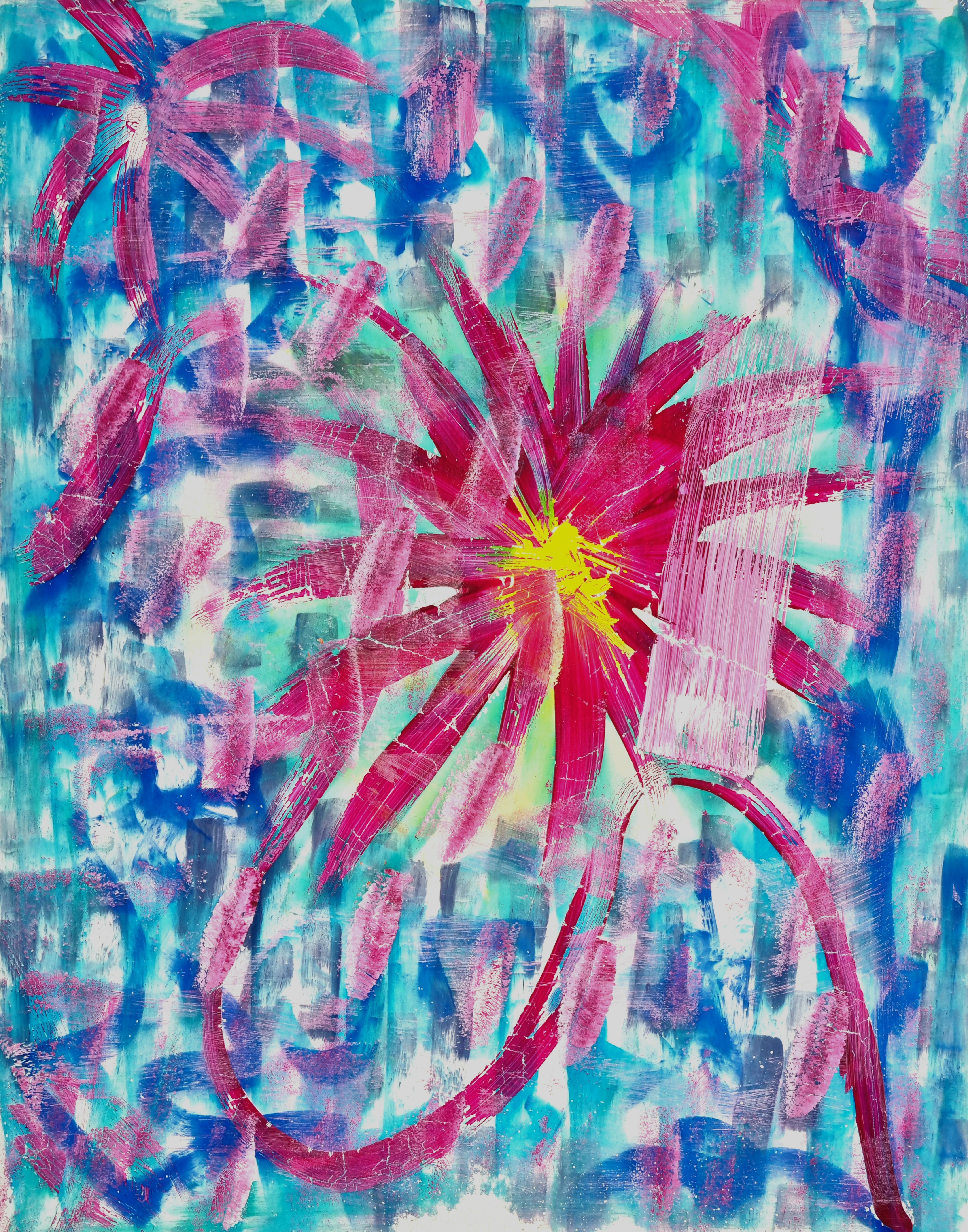 Magentafarbene Explosionen, die wie Feuerwerk am Himmel aussehen. Manche sind innen gelb. Der Hintergrund ist mit Pastellkreiden in dunkelblau und türkis gehalten. Man sieht die Striche der Pastellkreiden noch, es ist keine einheitliche Fläche.