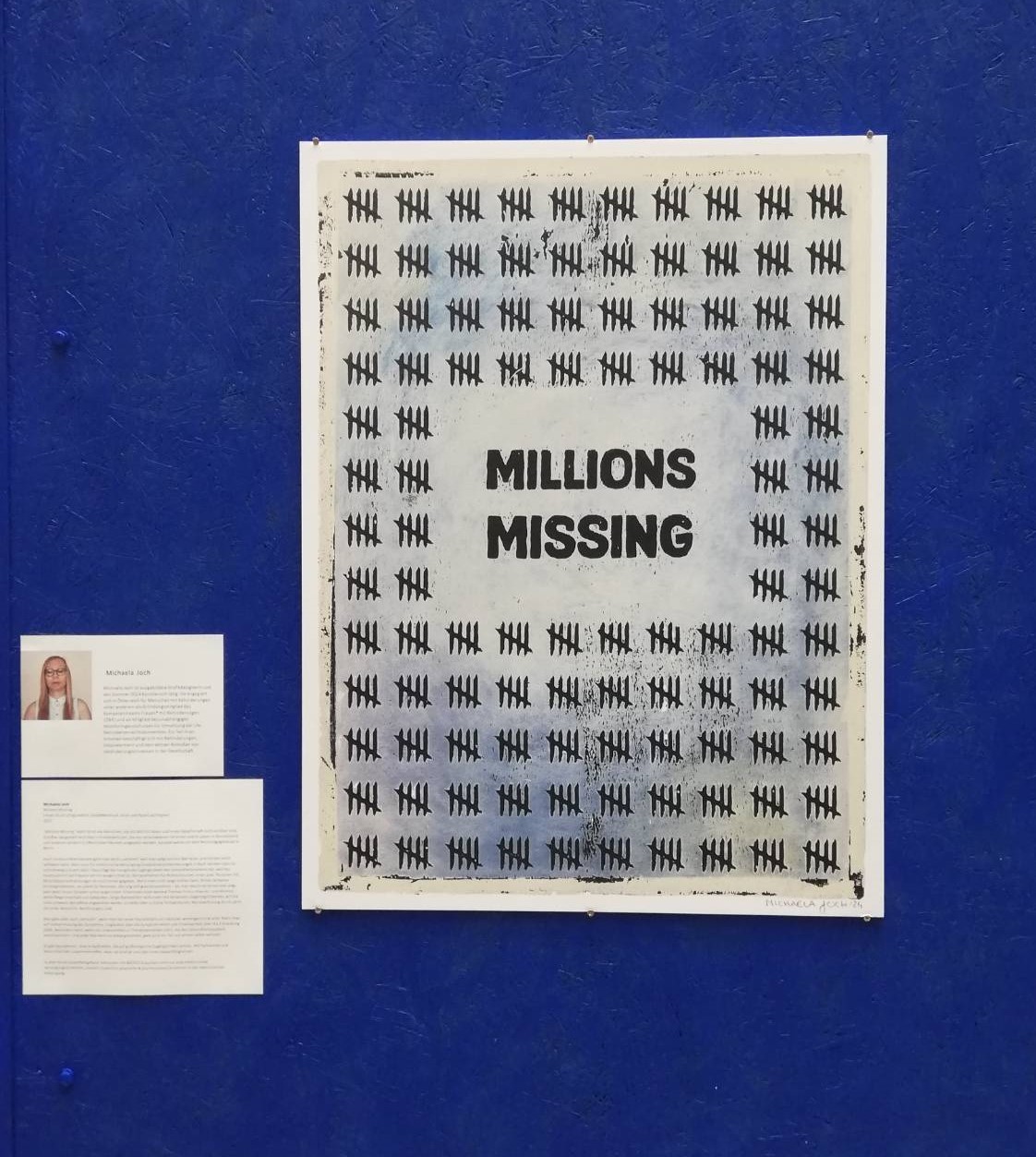 Eine Aufnahme, bei der man nur mein Bild sieht. Links davon ist eine Beschreibung und ein Foto von mir. Beschreibung des Plakates: In der Mitte des Bildes steht groß in schwarz 'Millions Missing'. 
     „Millions Missing“ bezieht sich auf all die Menschen, die mit ME/CFS leben und in der Gesellschaft nicht sichtbar sind. Um die in der Gesellschaft 'fehlenden' Menschen 
     darzustellen, ist der Text umgeben von einem ebenfalls schwarzem, universellem Symbol, das sich regelmäßig wiederholt. Das Symbol besteht aus 4 vertikalen Strichen und 
     einem diagonalen Strich, der über die vier verläuft. Dies ist eine andere Art, die Zahl 5 darzustellen. In Summe sind also hunderte Menschen auf dem Bild mit diesen 
     Strichen repräsentiert. Die Farben sind hauptsächlich blau mit etwas orange, grün und gelb. Es wirkt harmonisch und eher positiv.  Aber es hat Elemente, die diesen Eindruck 
     abmildern. Gerade zum Rand hin gibt es schwarze 'Störelemente'.