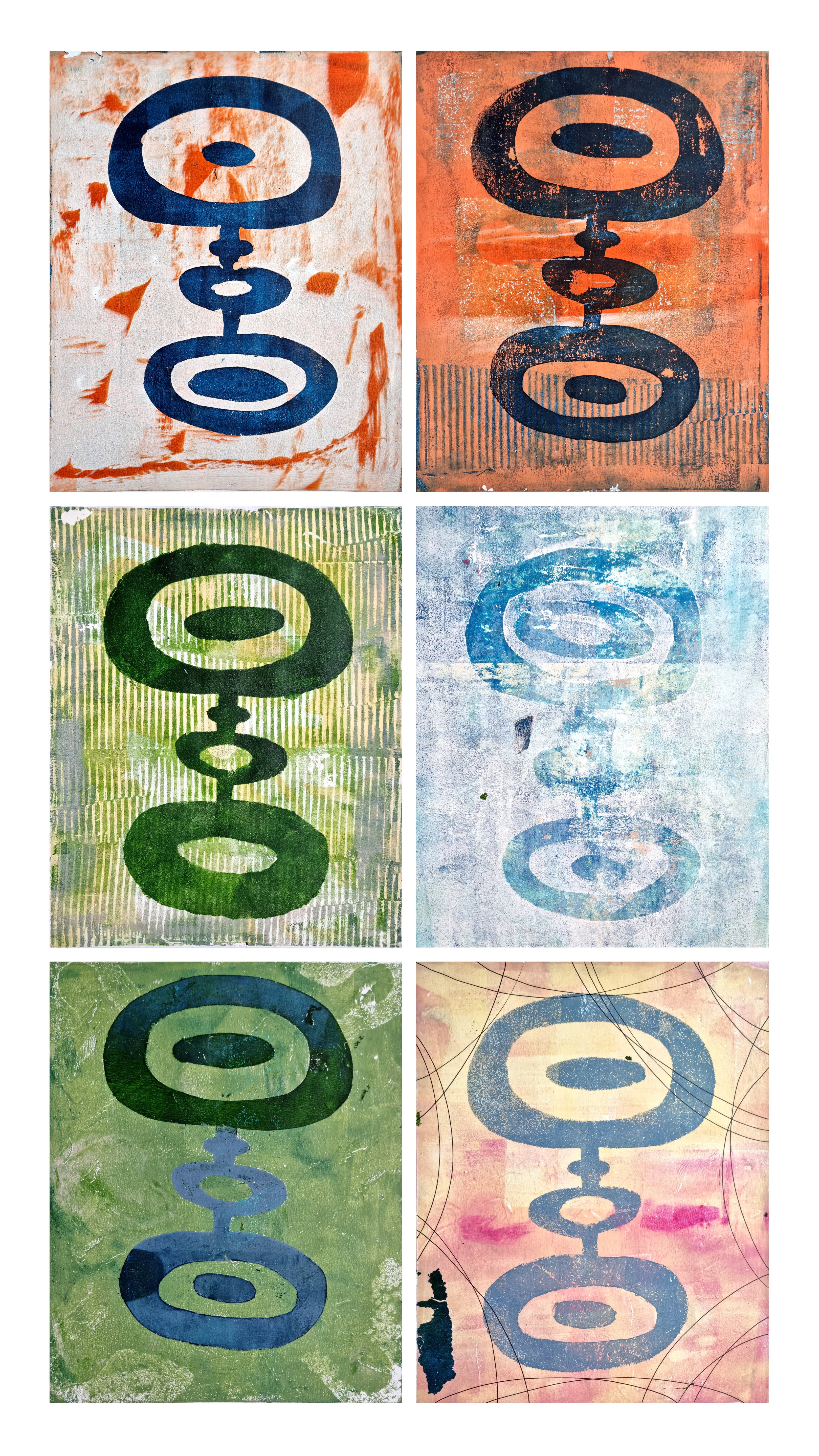 Sechs Druckgrafiken mit unterschiedlicher Farbgestaltung sind in einem regelmäßigen Raster aus drei Reihen und zwei Spalten angeordnet. Alle beinhalten als zentrales Element eine vertikal ausgerichtete, symmetrische Form. Diese besteht aus vier übereinanderliegenden ovalen Elementen in unterschiedlichen Größen, welche durch schmale Verbindungsstücke miteinander verbunden sind. Die ovale Hauptform oben und unten wirkt schwer und stabil, während das kleinere mittlere Element eine vermittelnde, fast schwebende Funktion einnimmt. Die Form erinnert in weiterster Form an eine abstrakte Darstellung des „Seins“. Es vermittelt eine ruhige, fast meditative Präsenz. Jede Druckgrafik unterscheidet sich von den anderen durch ihre Farbgestaltung und Oberflächenwirkung. Wiederholung und Variation befinden sich in einem Wechselspiel, das dazu einlädt, die kleineren und größeren Unterschiede zu entdecken. Die Farbpalette reicht von warmen Orange über unterschiedliche Grüntöne bis hin zu kühlen Blau- und Türkis. In einigen Arbeiten ist die Hauptform dunkel und tief gesättigt Formen, der Hintergrund dafür hell, teils wolkig, in anderen verschmelzen die Form und der Hintergrund stärker miteinander. Die Farbflächen erscheinen teils deckend, teils transparent und lassen Überlagerungen sowie Spuren des Druckprozesses sichtbar werden.